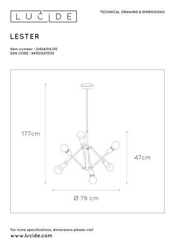 Светильник подвесной Lester 21424/06/30 Lucide чёрный 6 ламп, основание чёрное в стиле современный  фото 5